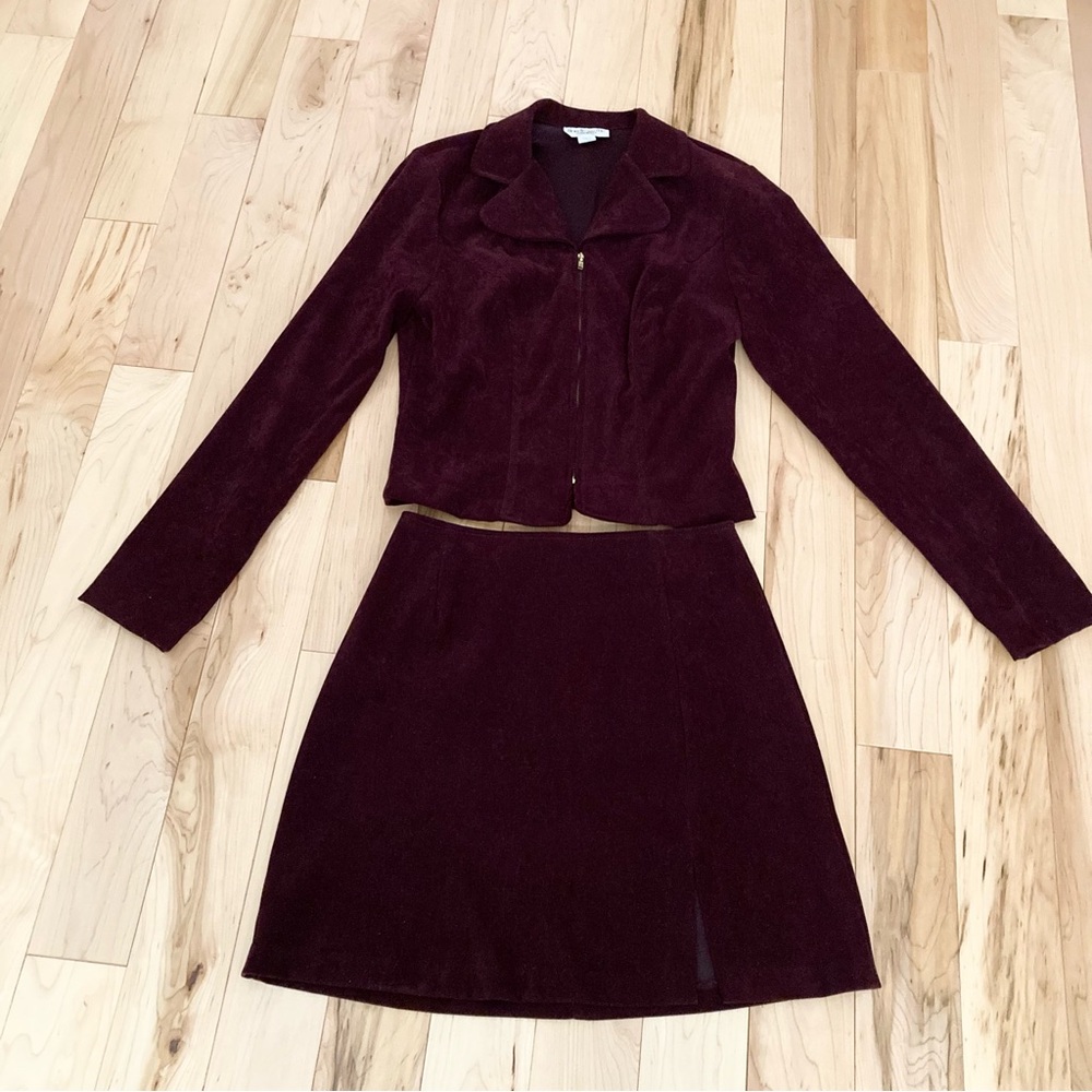Blondie and Me Faux Suede Lined Jacket and Skirt Suit Color: Burgundy 
Size: 5